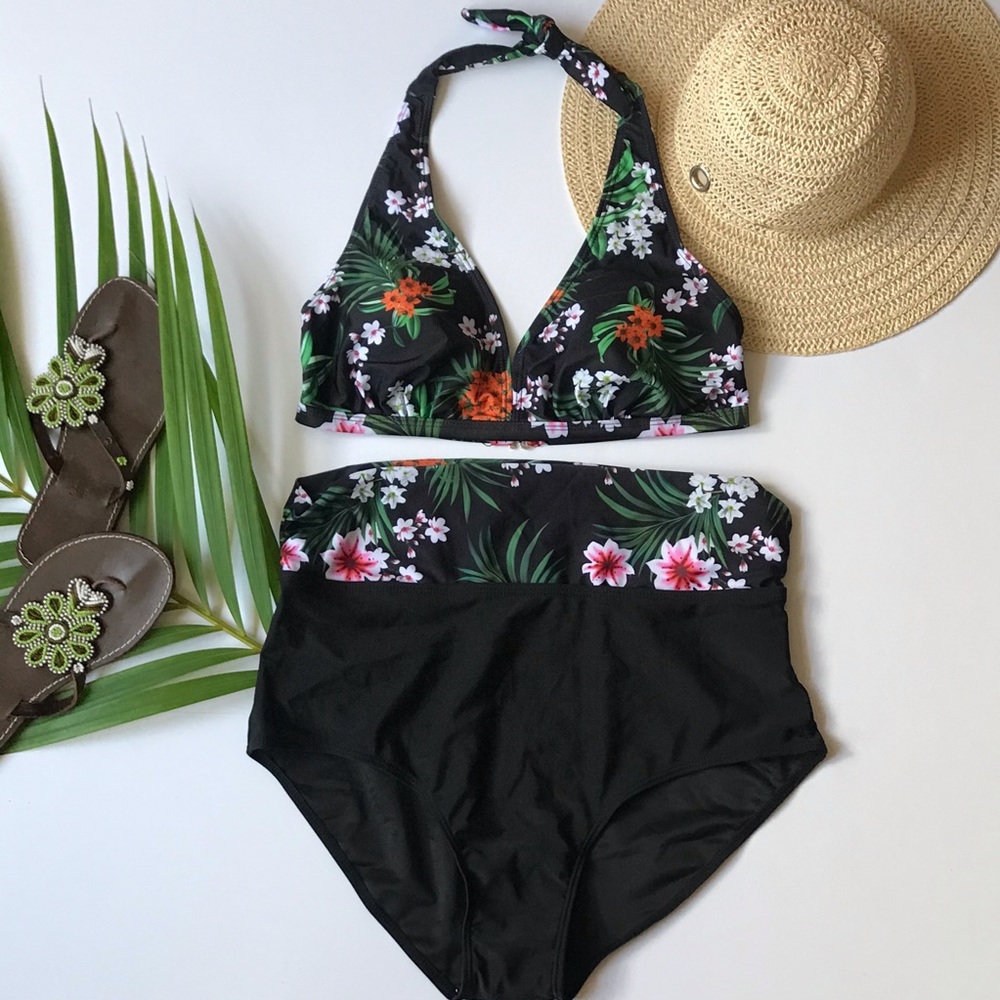 Plus size halter top high waist bikini swimsuit
